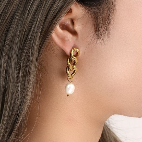Fresh Water Pearl‎ Gold Chain Drop Earrings 18K Gold Plated Stainless Steel - Picture 6 of 13